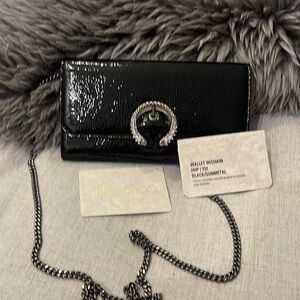 Jimmy choo wallet w chain  patent leather with blackish chain and crystal